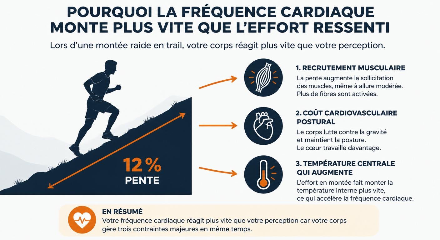 Schéma expliquant pourquoi le cardio monte plus vite que l'effort perçu en montée trail