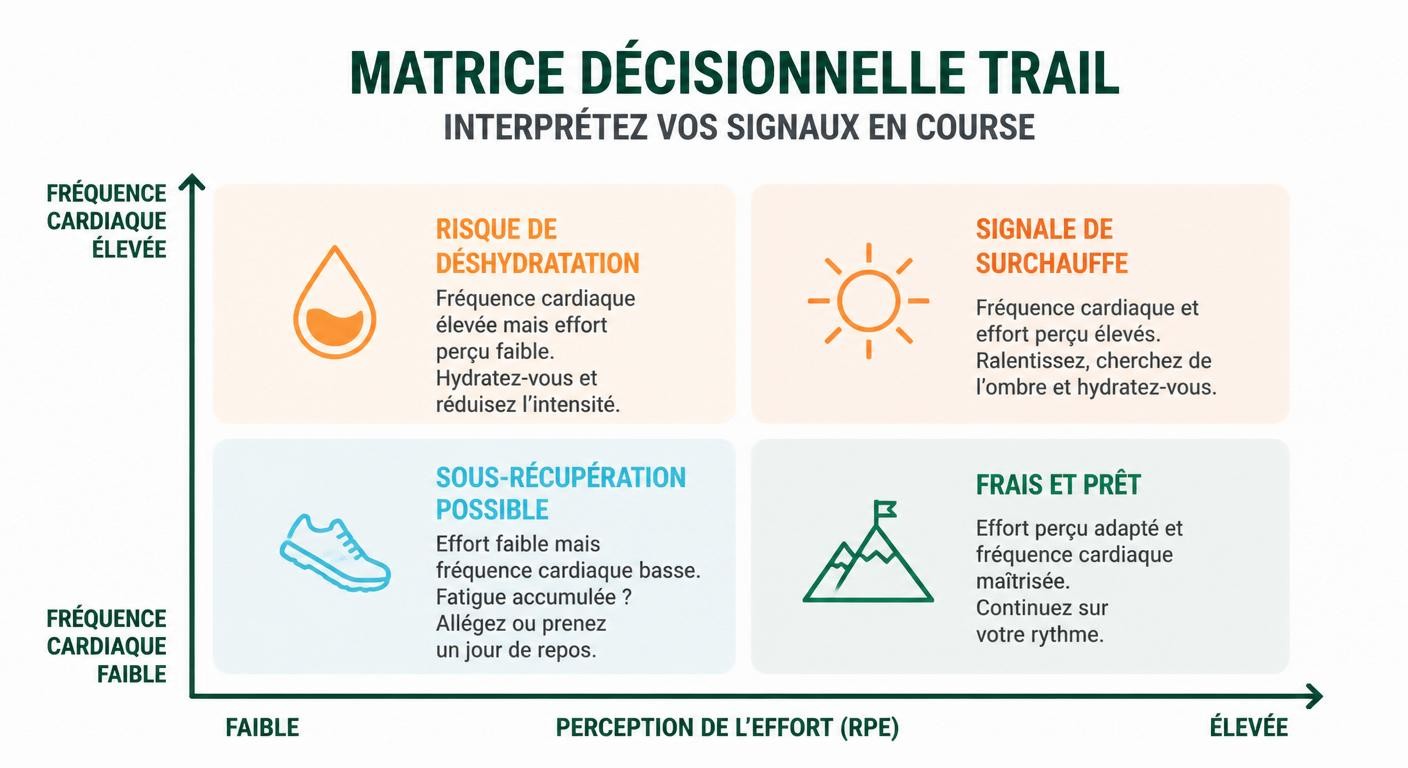 Matrice 2x2 de décision croisant RPE et fréquence cardiaque en montée trail