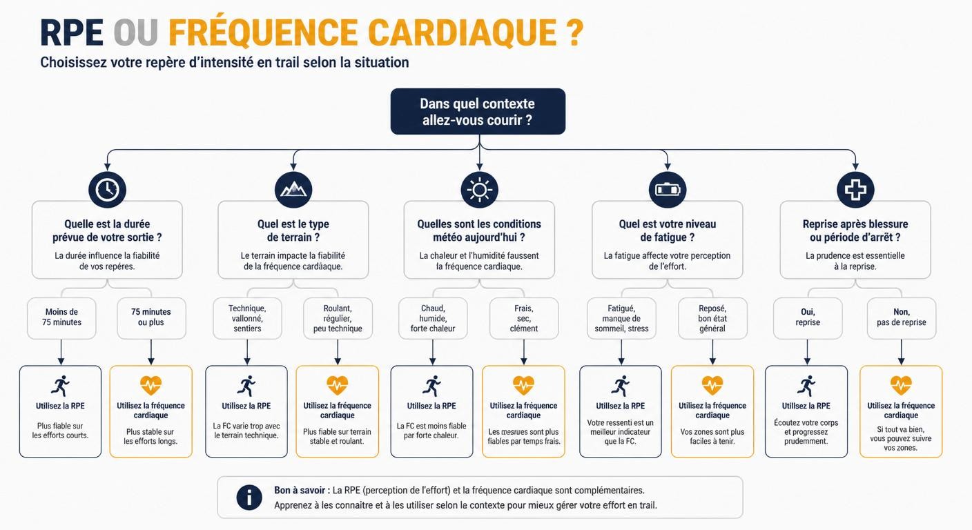Arbre de décision pour choisir entre RPE et fréquence cardiaque en trail selon le contexte