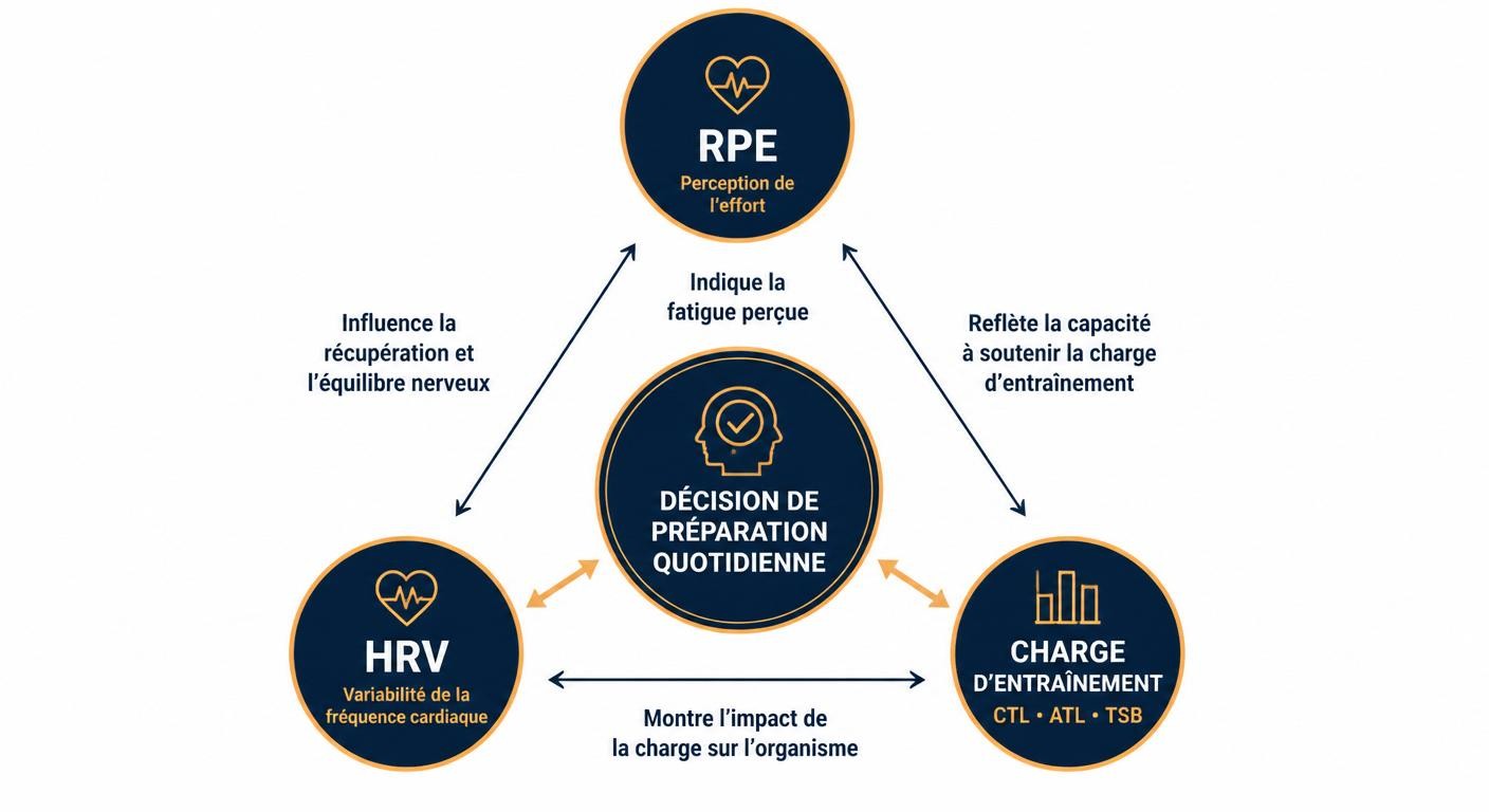 Schéma du triangle RPE, HRV et charge d'entraînement pour la décision quotidienne