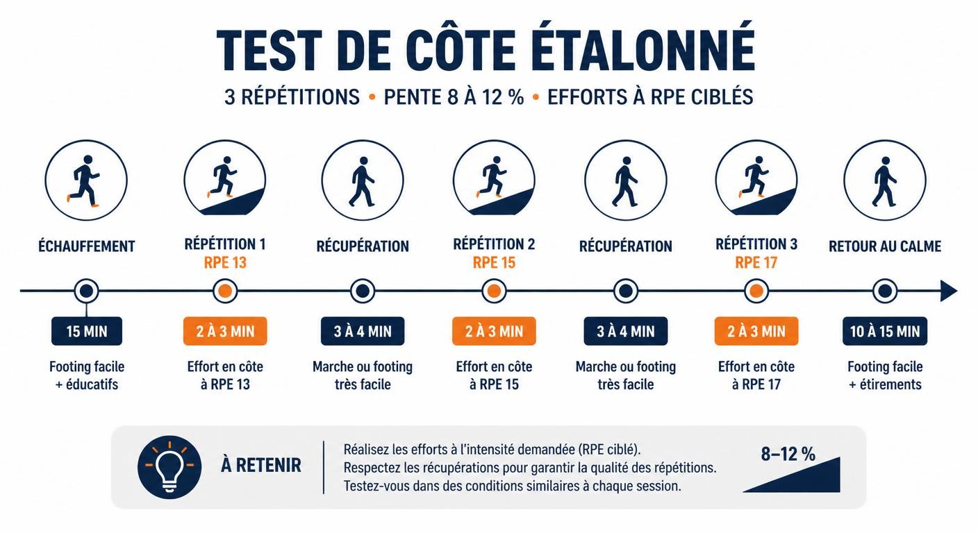 Infographie du protocole de test côte calibrée pour étalonner RPE et fréquence cardiaque
