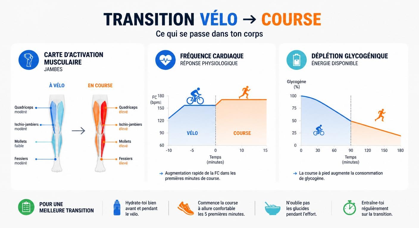 Infographie de la fatigue spécifique lors de l'enchaînement vélo course à pied