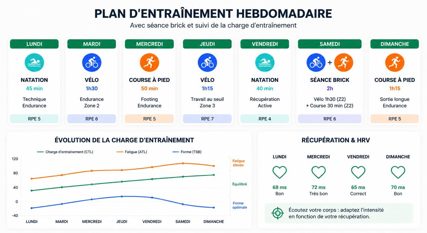 Infographie d'une semaine type avec brick et suivi de charge CTL ATL TSB