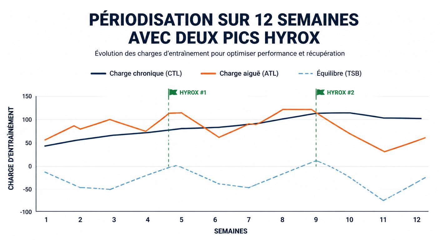 Courbes de charge aiguë, chronique et de forme sur 12 semaines avec deux pics Hyrox