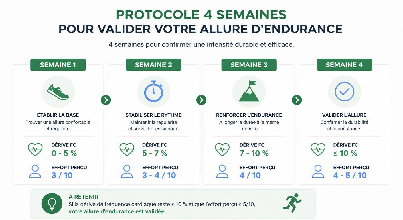Infographie du protocole de validation de l'allure d'endurance fondamentale sur 4 semaines