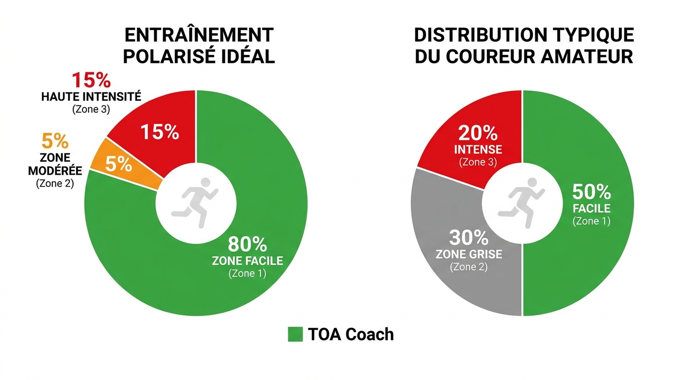 Infographie de la répartition idéale de l'entraînement polarisé versus la distribution typique du coureur amateur