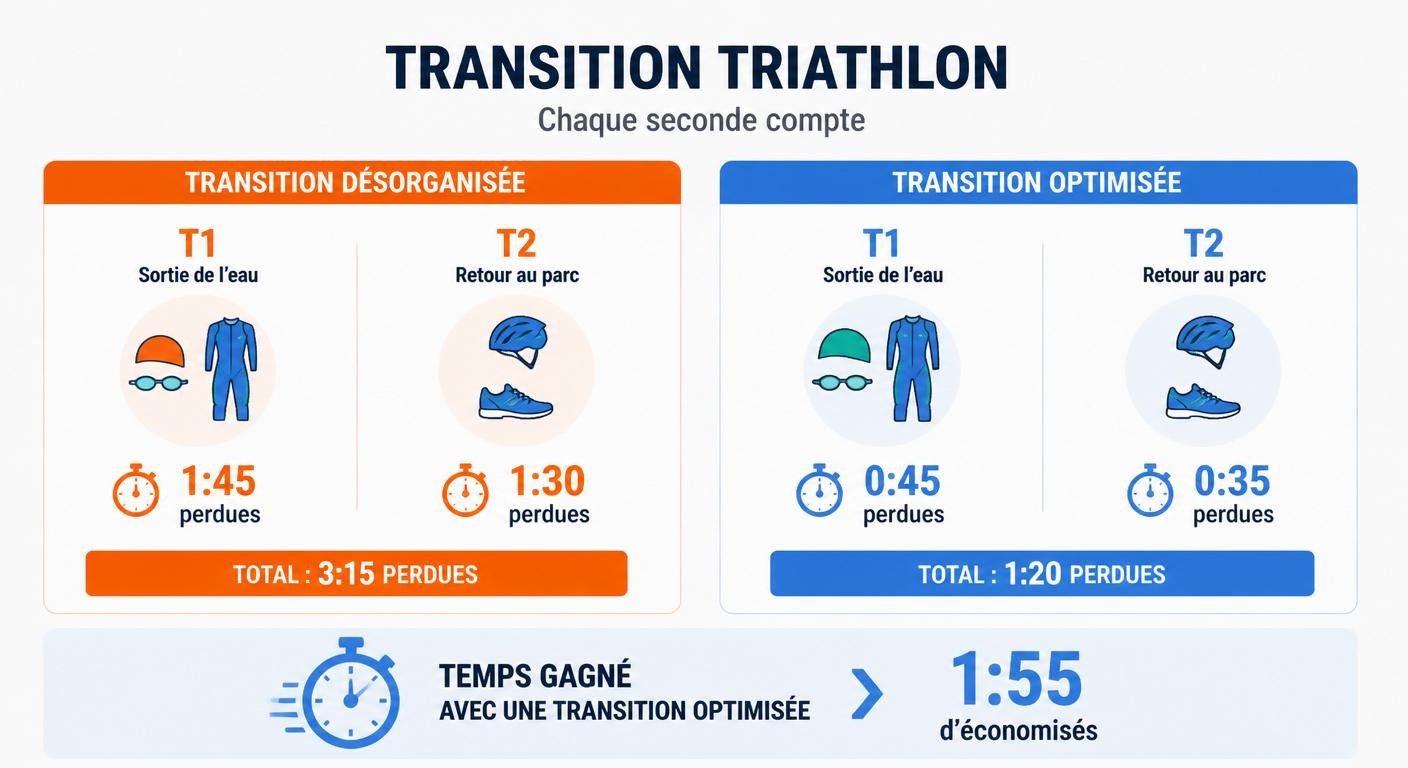 Infographie comparant le temps perdu en transition désorganisée et optimisée en triathlon