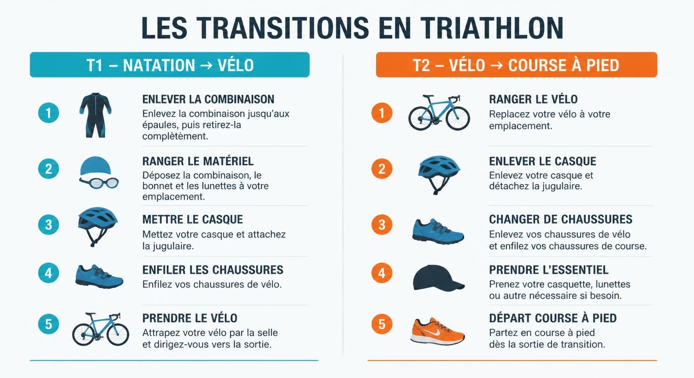 Infographie des étapes des transitions T1 et T2 en triathlon