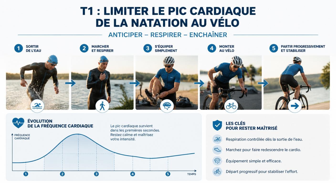 Infographie de la transition natation-vélo T1 et du pic de fréquence cardiaque