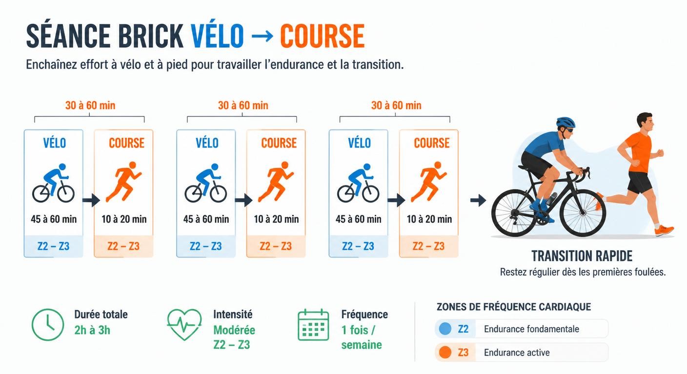 Infographie de la structure d'une séance brick vélo-course en triathlon