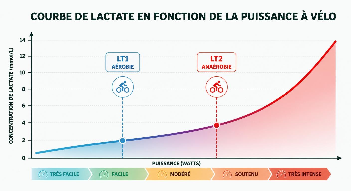 Infographie de la courbe de lactate et des seuils LT1 et LT2 en cyclisme