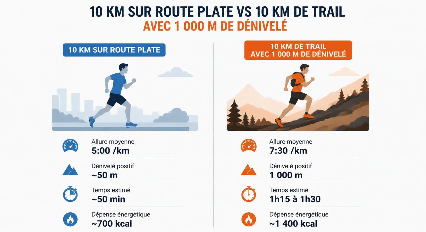 Comparaison visuelle entre 10 km sur route plate et 10 km de trail avec 1000 m de dénivelé positif