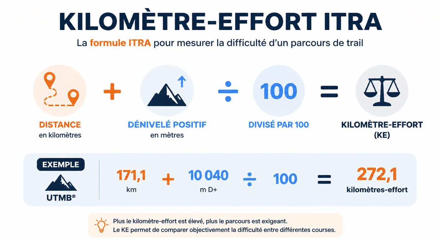 Infographie pédagogique de la formule ITRA du kilomètre-effort appliquée à l'UTMB