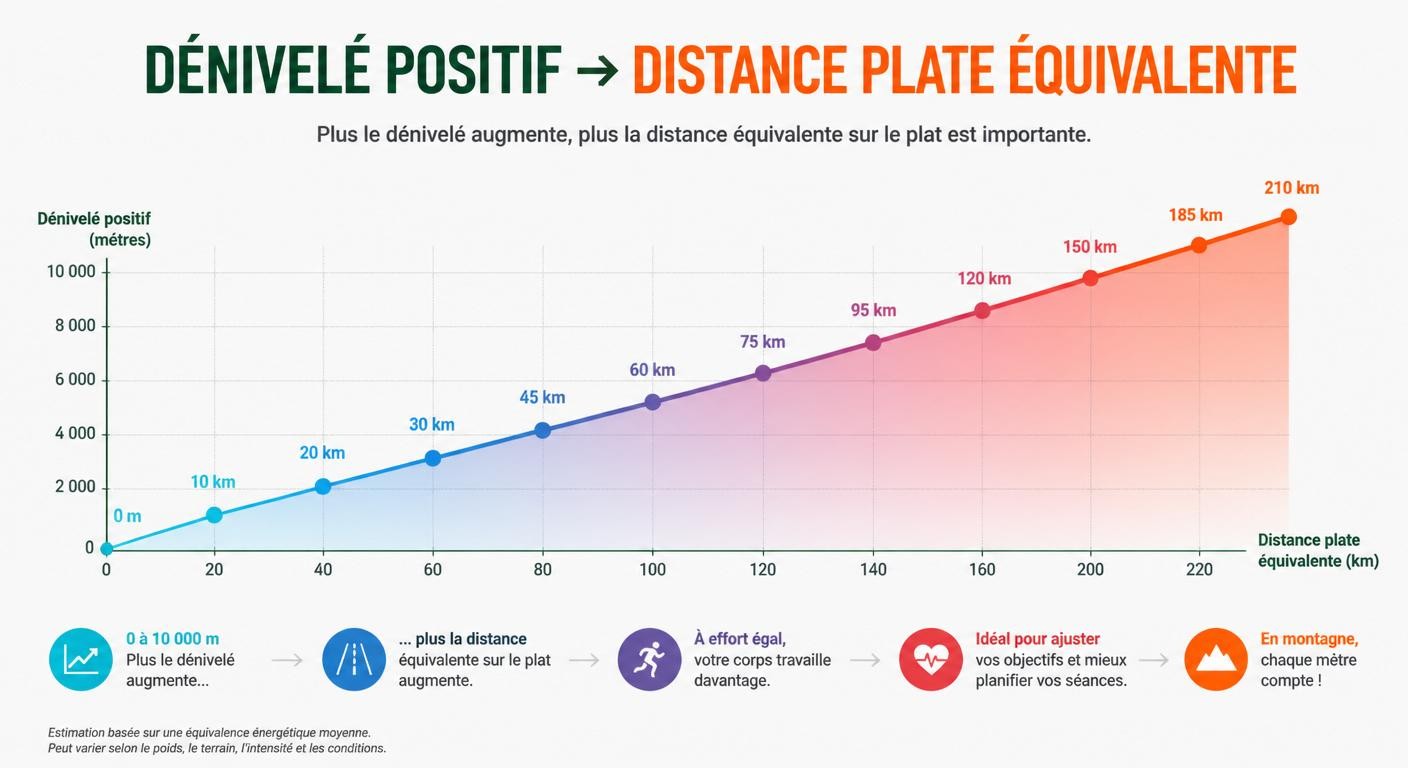 Graphique de l'équivalence entre dénivelé positif et distance plate ajoutée pour le calcul du km-effort