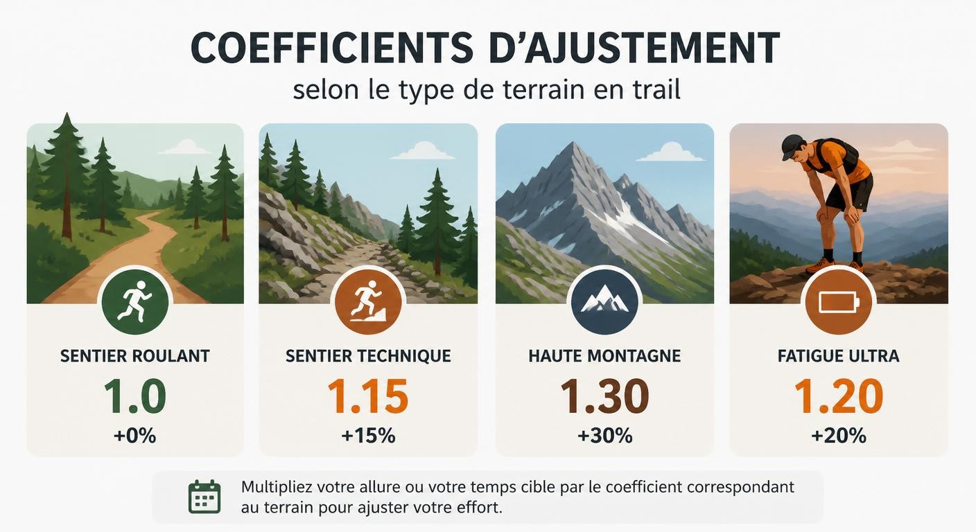 Infographie des coefficients d'ajustement du kilomètre-effort selon le type de terrain en trail