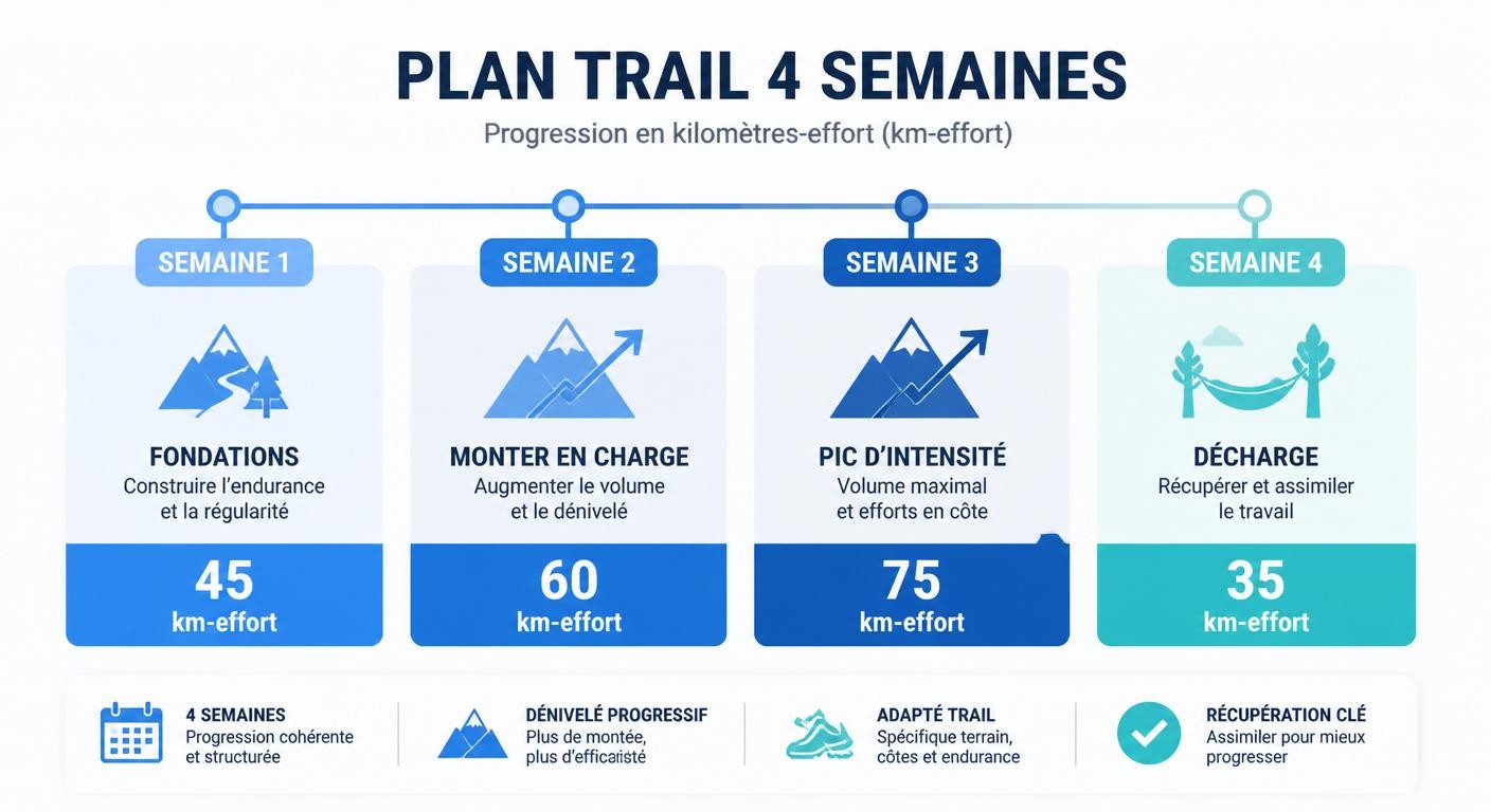 Infographie d'un bloc de 4 semaines d'entraînement trail planifié en kilomètres-effort