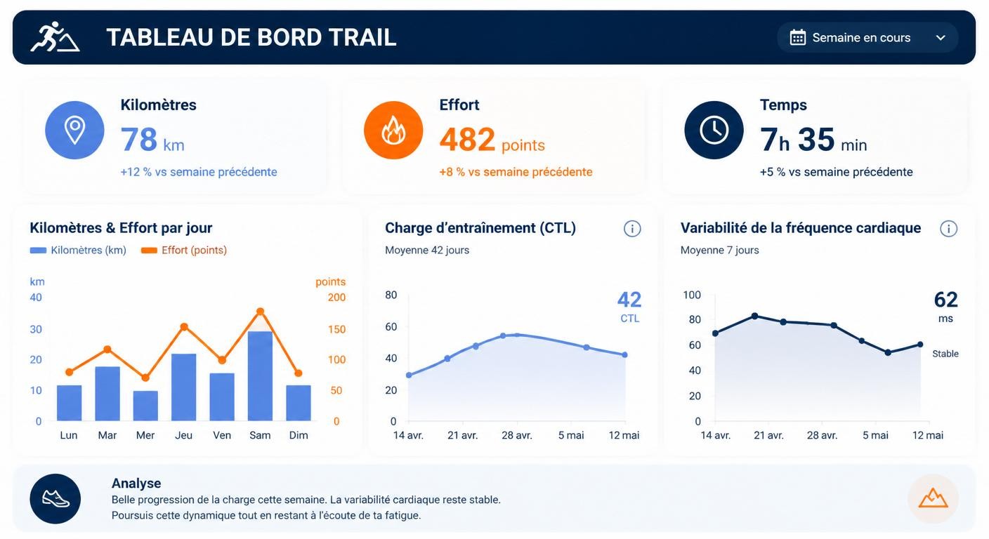 Mockup d'un tableau de bord croisant kilomètre-effort, charge d'entraînement CTL et variabilité cardiaque pour un coureur trail