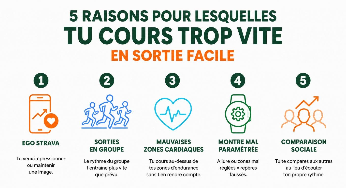 Infographie des cinq causes courantes d'une allure trop rapide en endurance fondamentale chez le coureur amateur