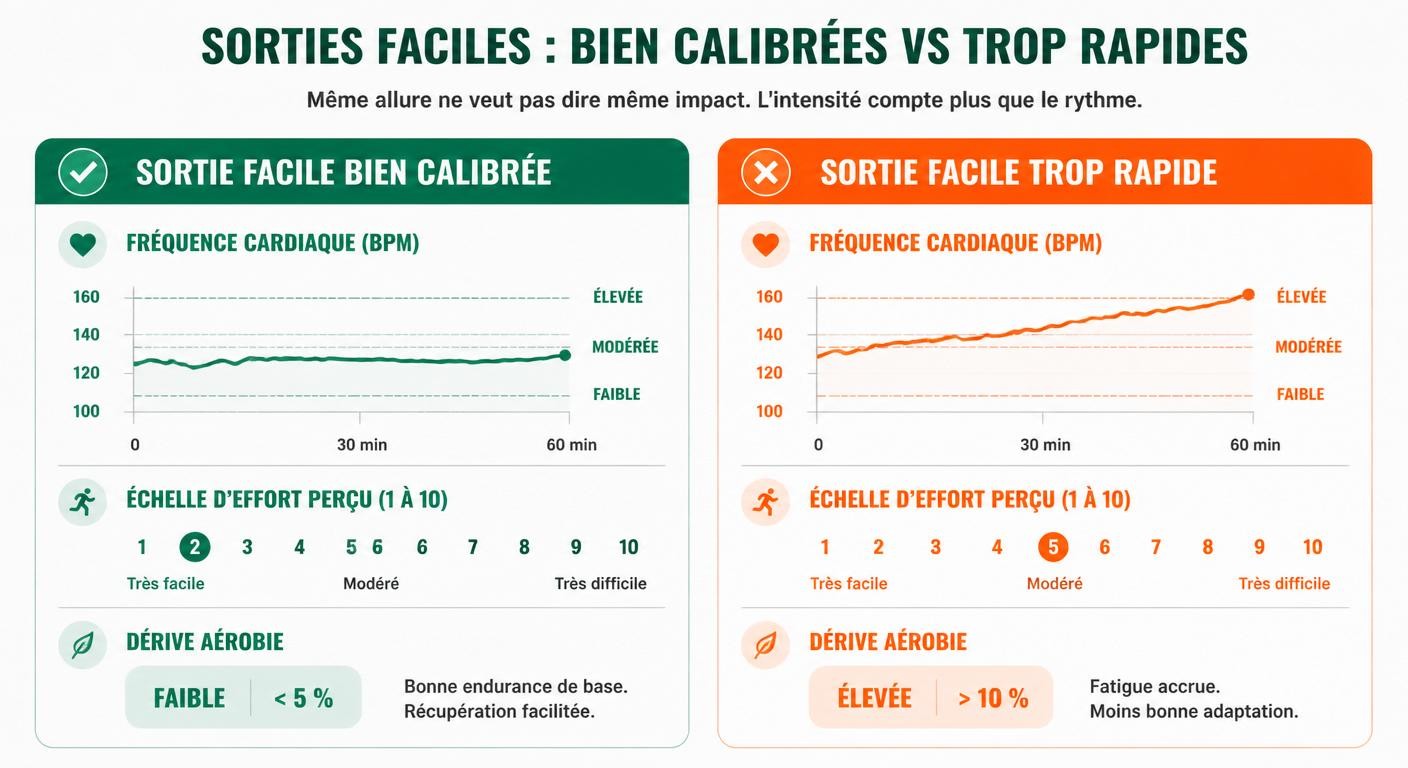 Infographie comparant une sortie facile bien calibrée et une sortie facile trop rapide