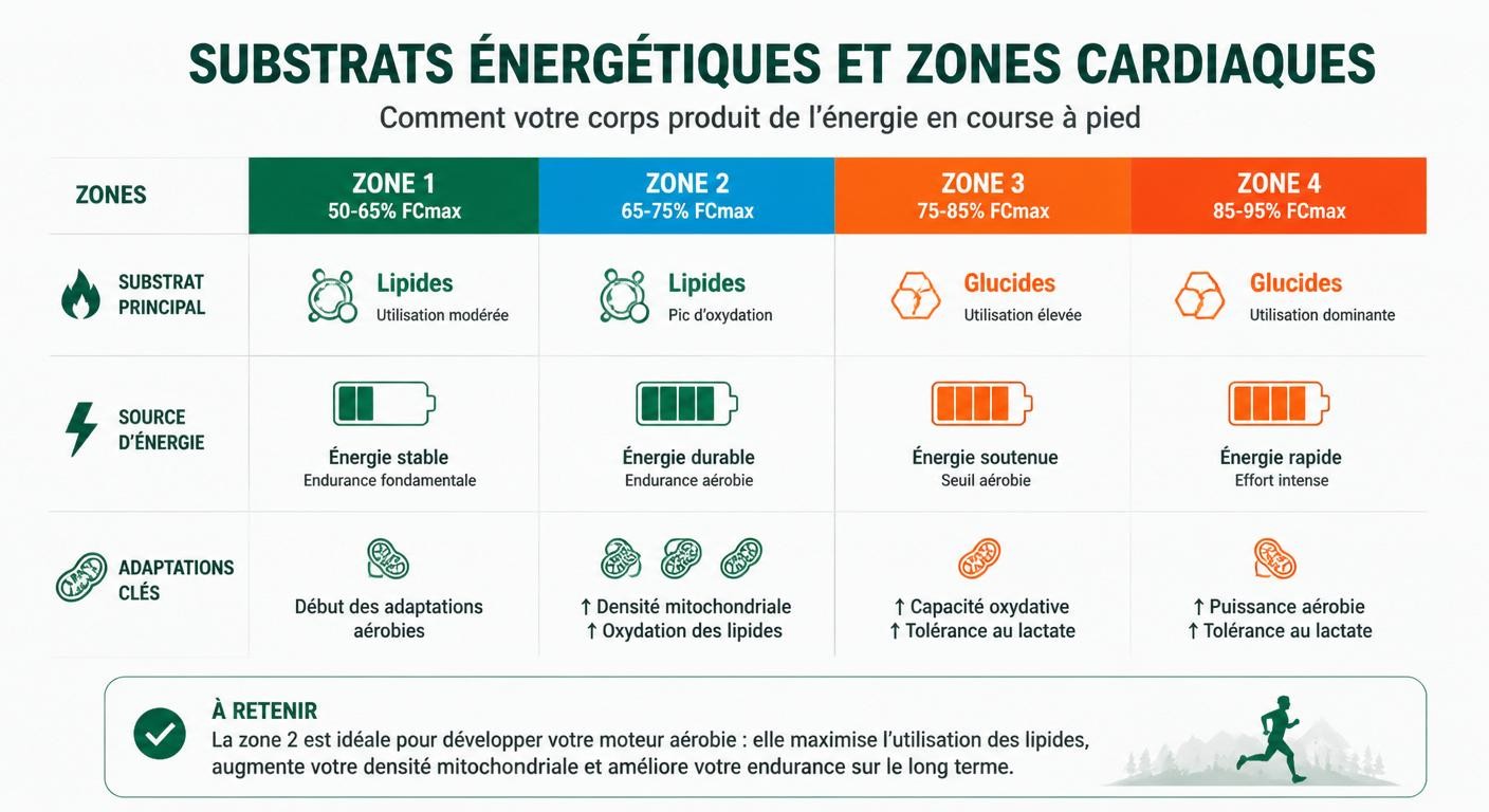 Infographie de l'utilisation des substrats énergétiques selon les zones cardiaques et de la place de la lipolyse en zone 2