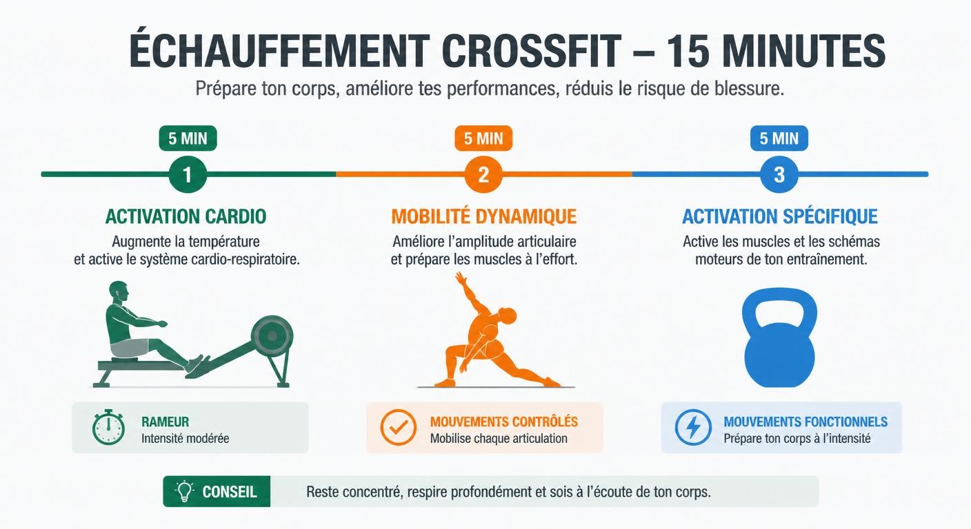 Infographie d'une routine d'échauffement en 15 minutes avant un WOD pour débutant