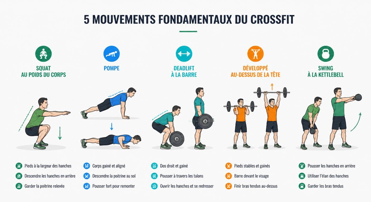 Infographie des 5 mouvements fondamentaux du CrossFit débutant avec repères techniques