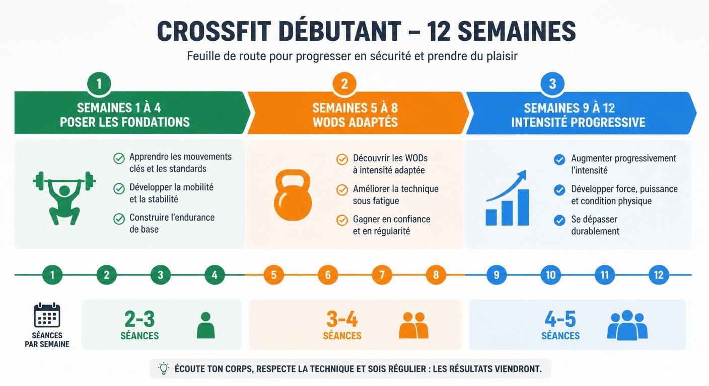 Infographie d'un plan de progression de 12 semaines pour débuter le CrossFit sans se blesser