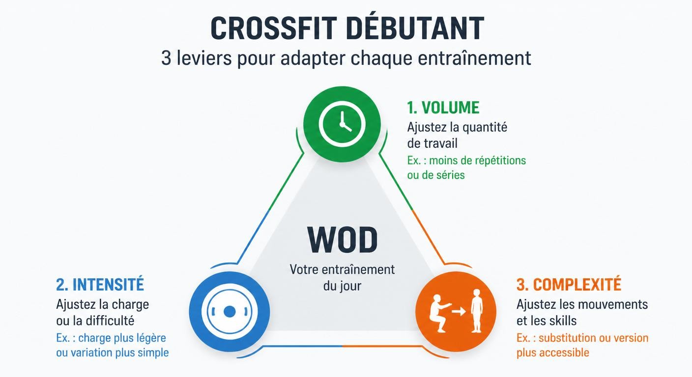 Infographie des trois leviers de scaling pour adapter un WOD CrossFit débutant