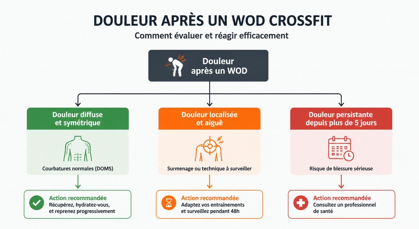 Infographie d'un arbre de décision pour distinguer une courbature d'une blessure en CrossFit