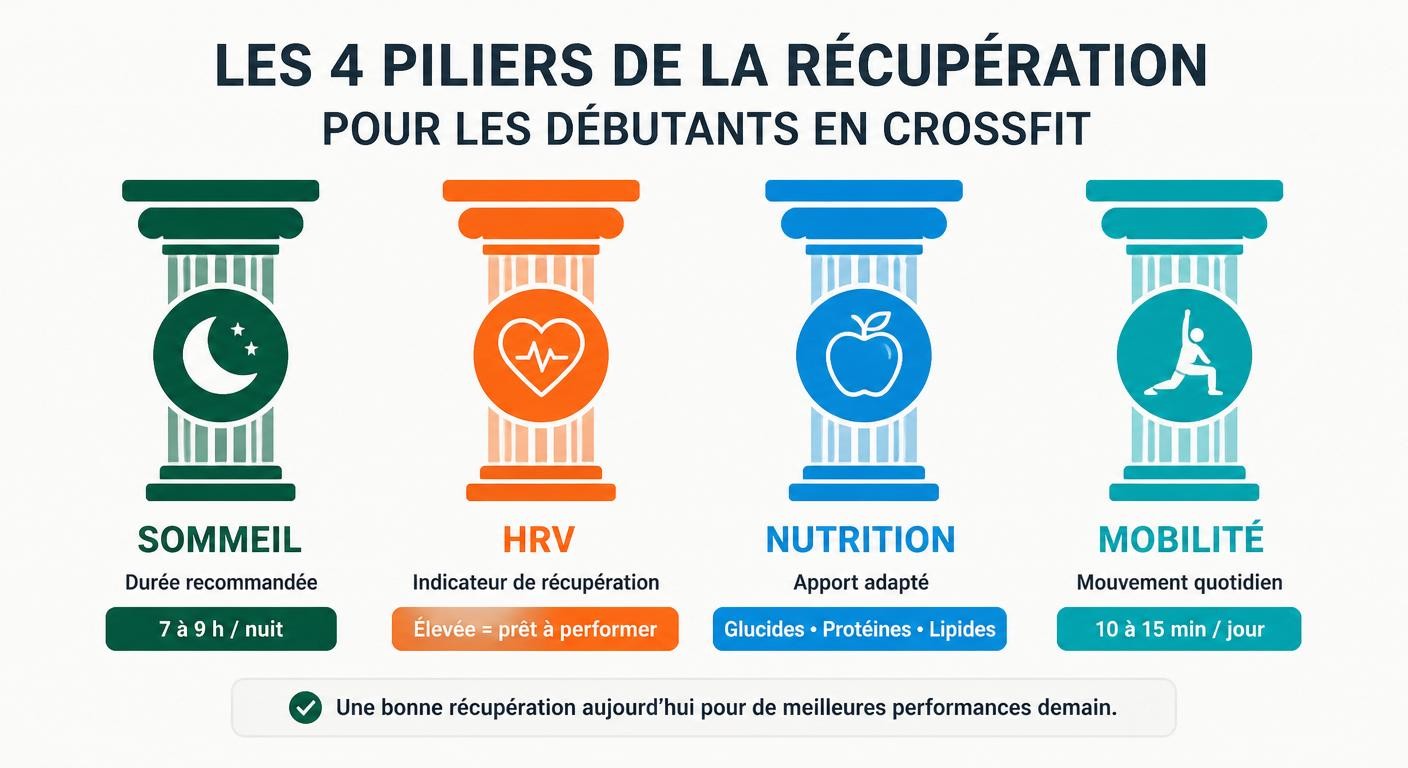 Infographie des 4 piliers de la récupération pour le CrossFit débutant : sommeil, HRV, nutrition, mobilité