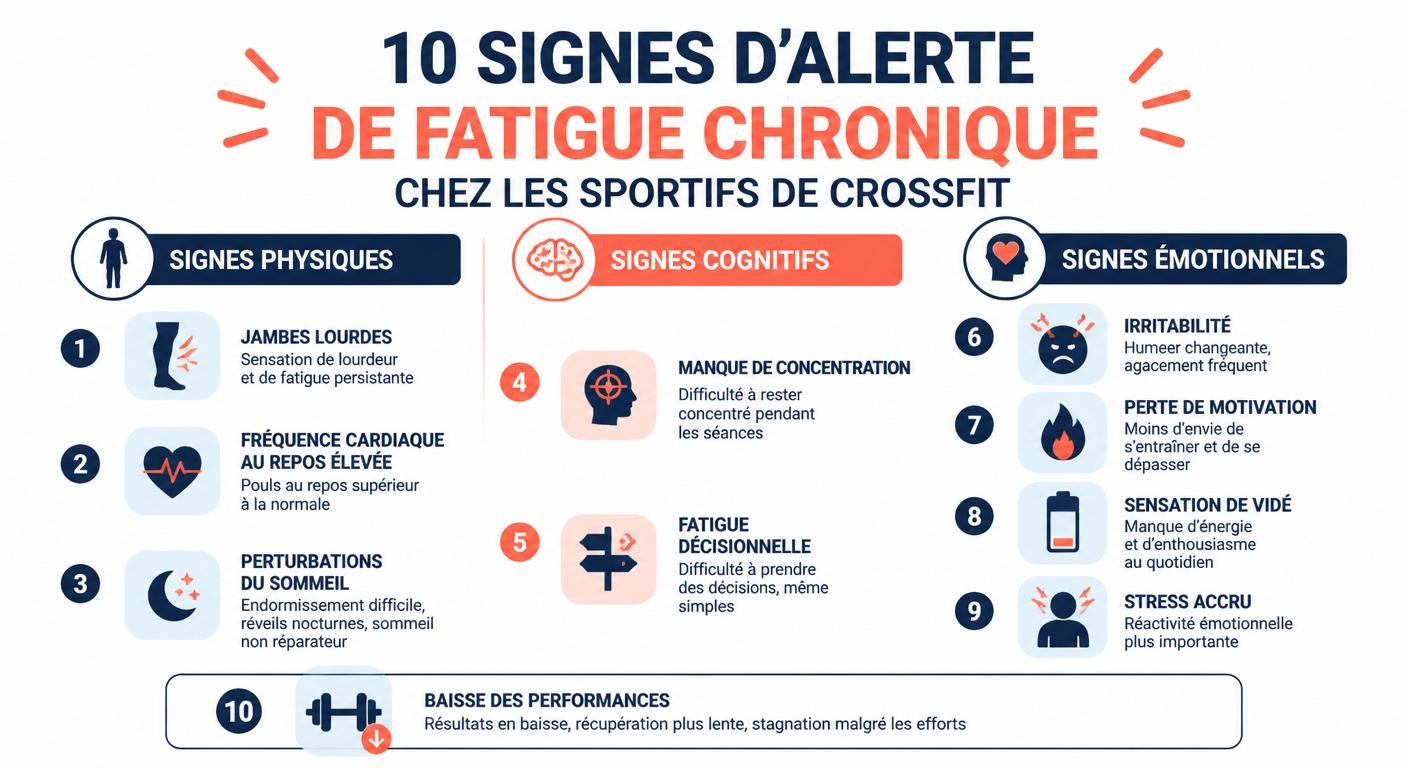 Infographie des 10 signaux d'alerte de fatigue chronique chez le crossfitter