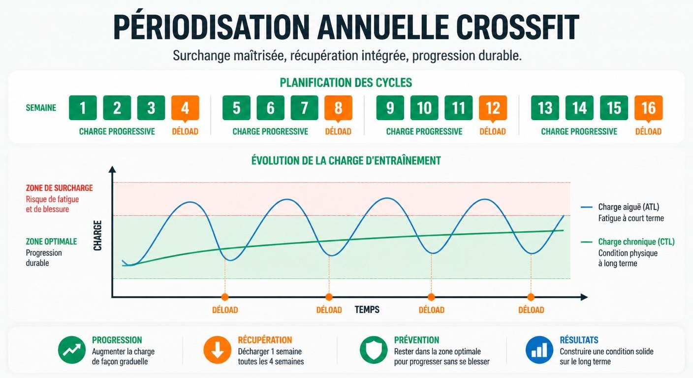 Infographie de la périodisation annuelle CrossFit avec décharges planifiées