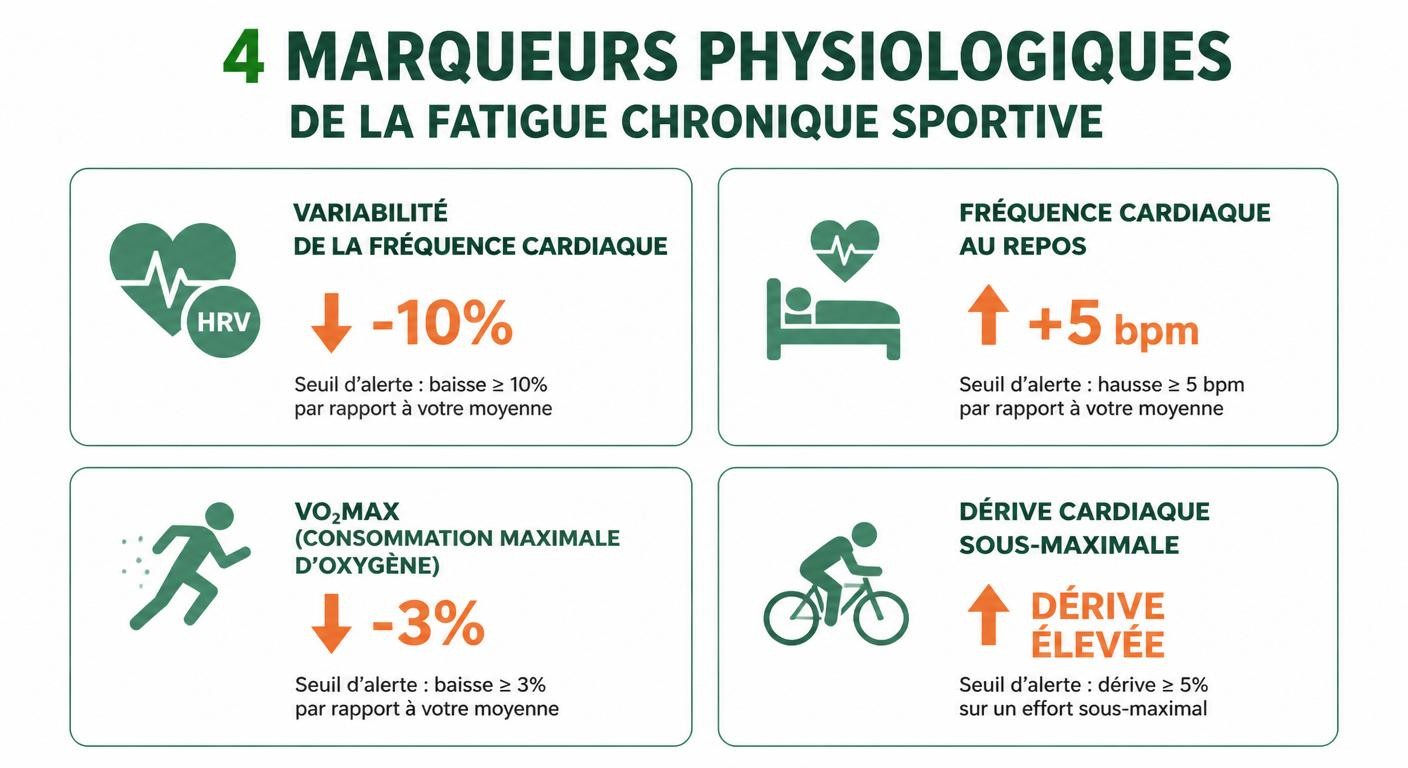 Infographie des quatre marqueurs physiologiques objectifs de la fatigue chronique chez le sportif
