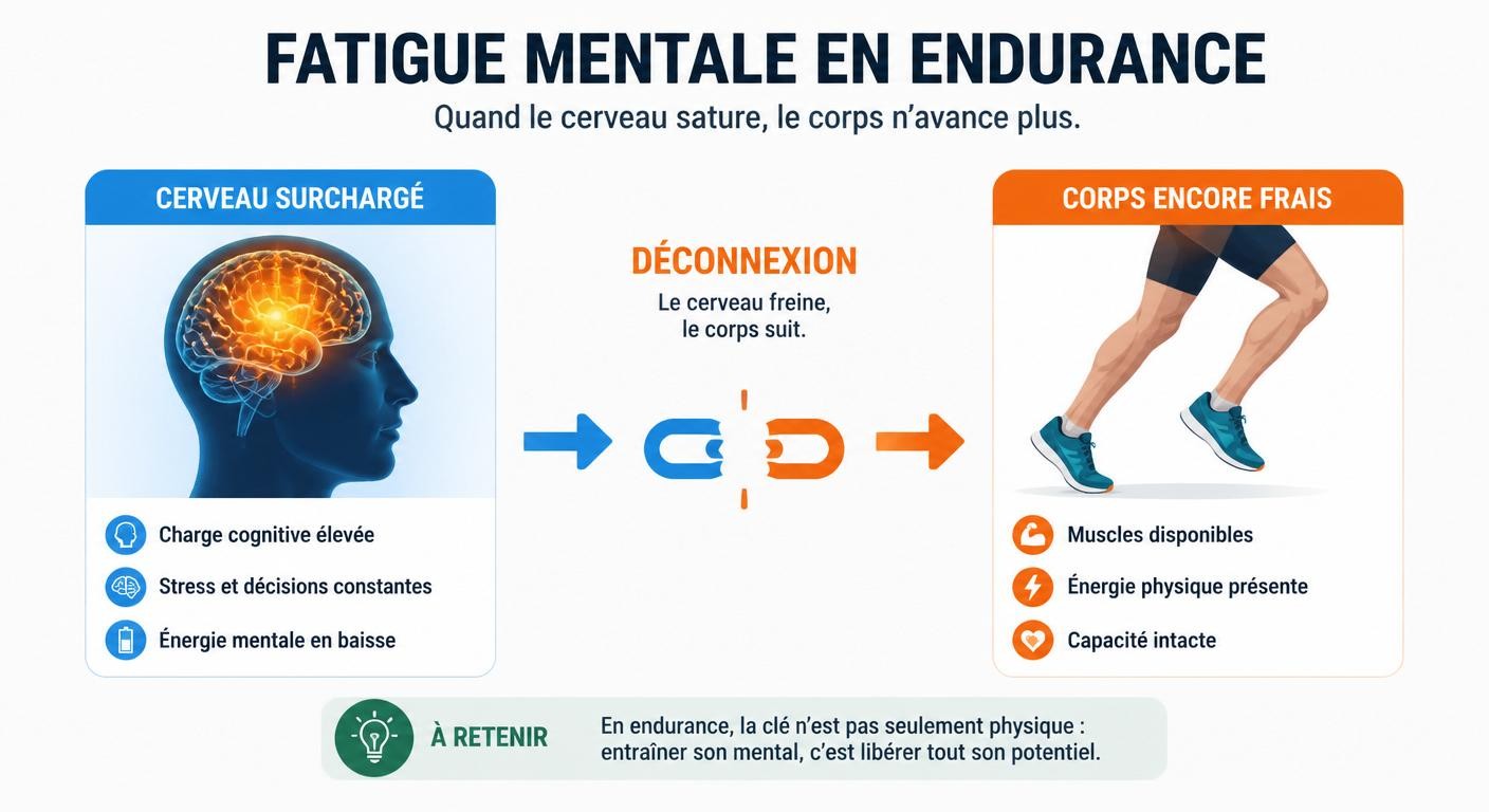 Infographie expliquant la différence entre fatigue mentale et fatigue musculaire chez le coureur
