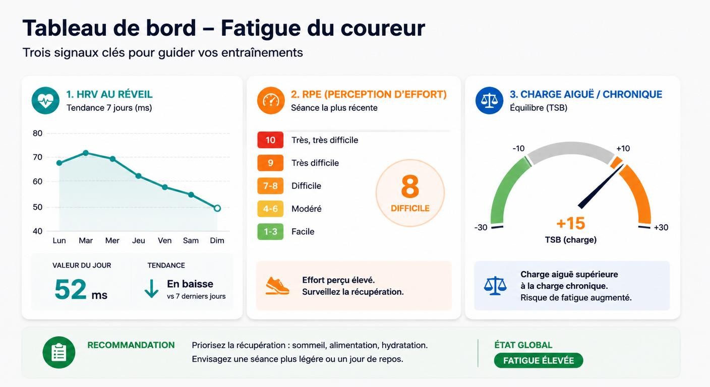 Infographie d'un tableau de bord croisant HRV, RPE et charge d'entraînement pour suivre la fatigue mentale