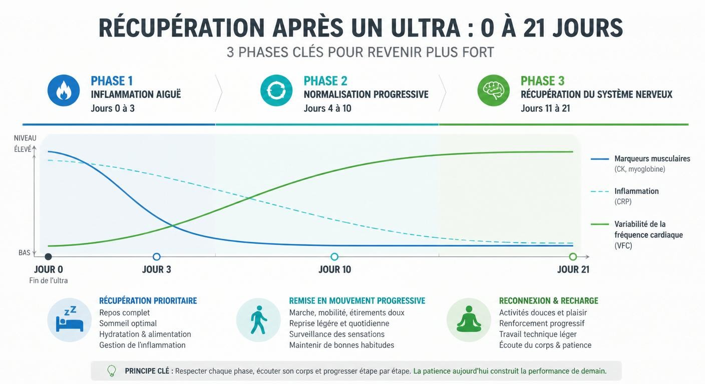 Infographie chronologie de la récupération après un ultra-trail de J0 à J21