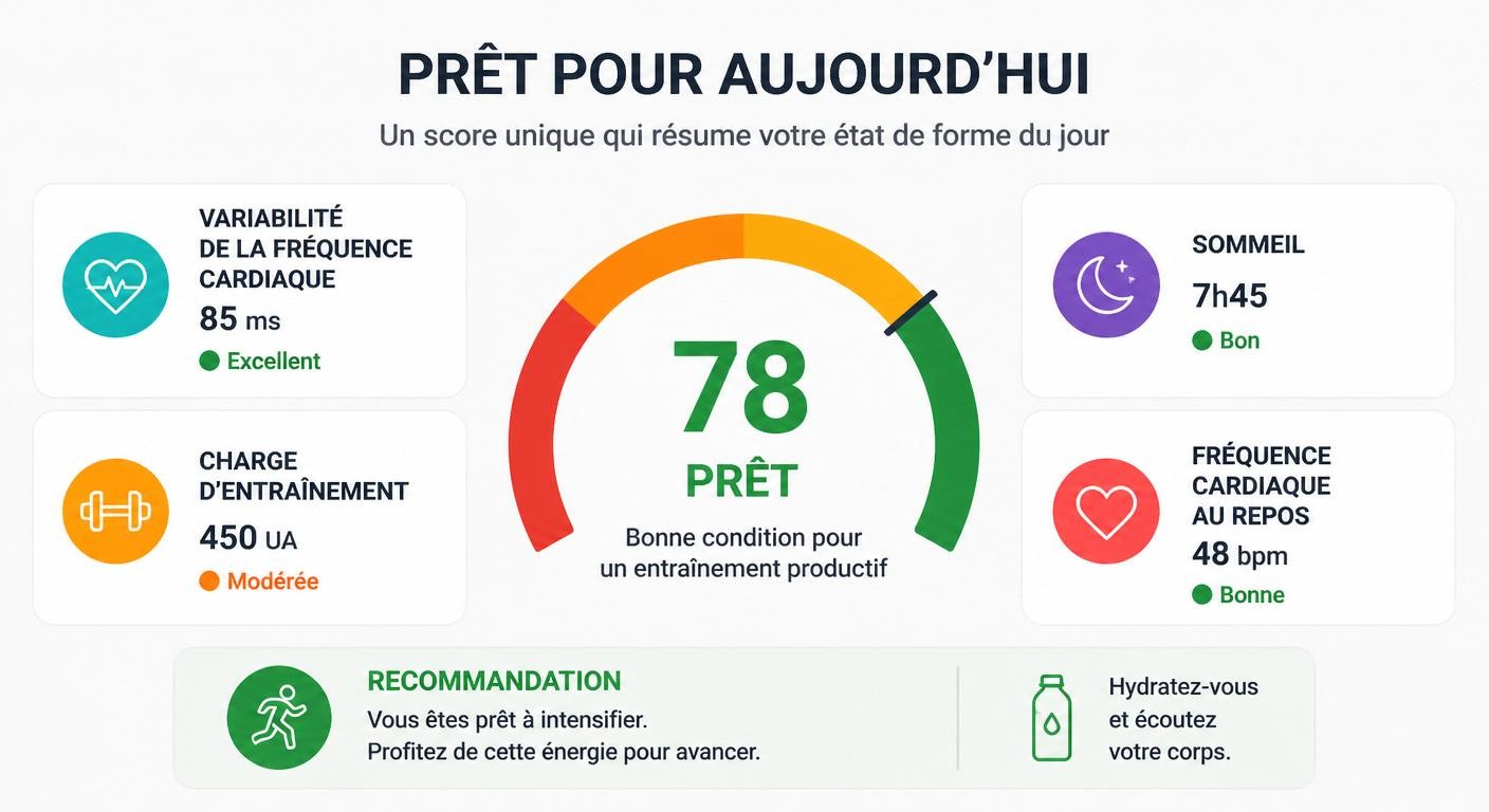 Infographie d'un score de disponibilité quotidien agrégeant les signaux de récupération post-ultra