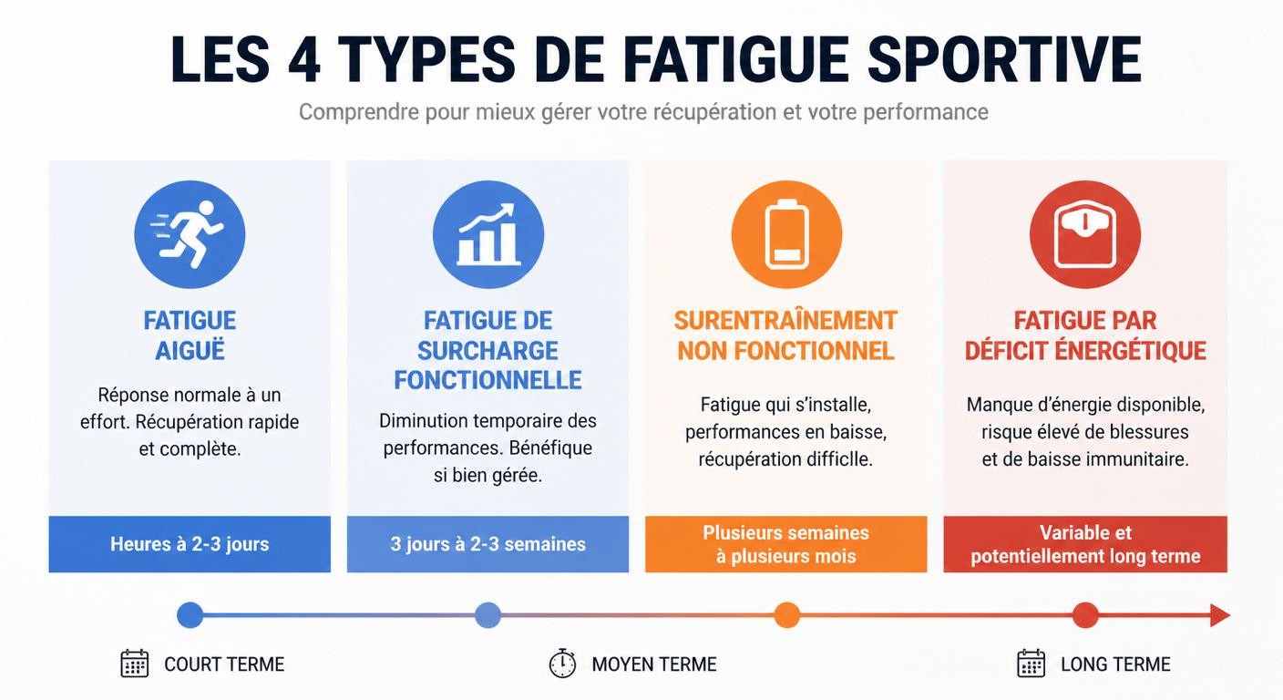 Infographie comparant les quatre types de fatigue sportive et leur durée