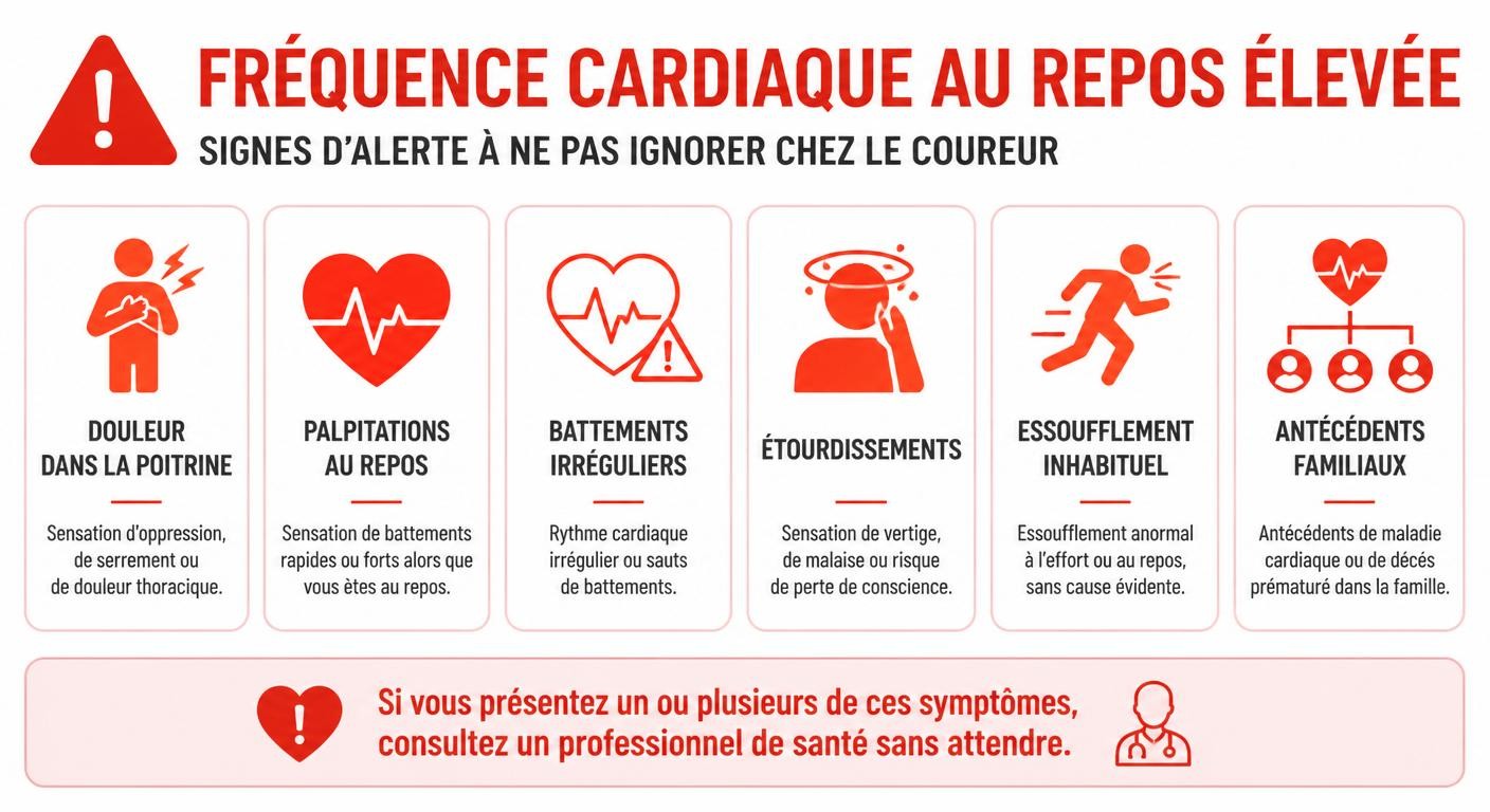 Infographie des signaux d'alerte d'une fréquence cardiaque de repos anormalement haute chez le coureur