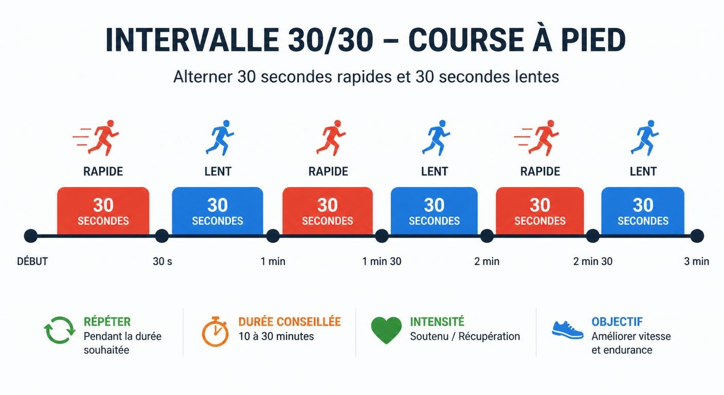 Schéma du cycle fractionné 30/30 : 30 secondes rapides puis 30 secondes de récupération