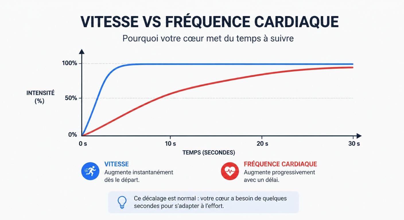 Graphique montrant le décalage entre la vitesse de course et la fréquence cardiaque sur un effort de 30 secondes