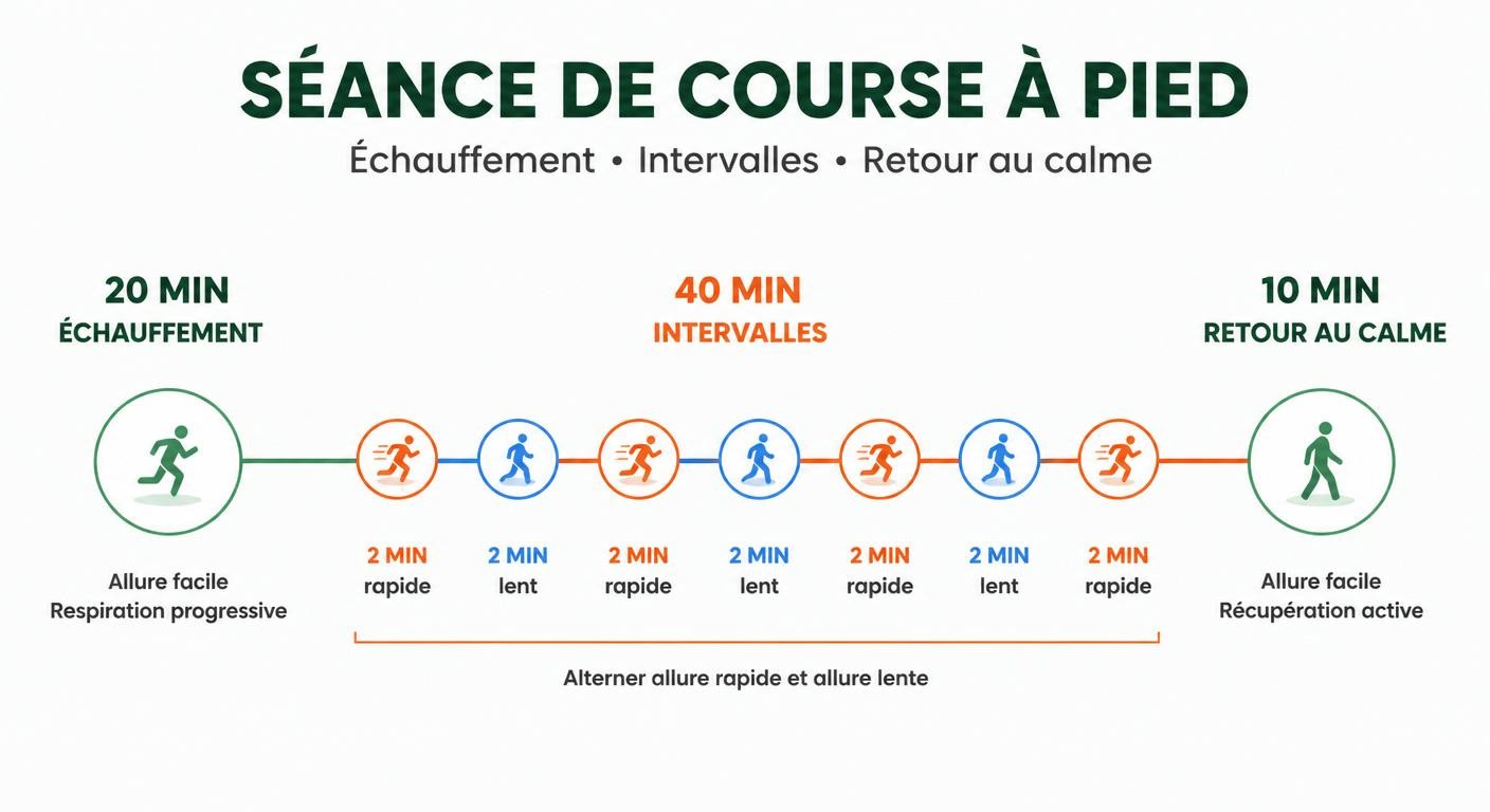 Infographie du déroulé d'une séance de fractionné 30/30 de l'échauffement au retour au calme