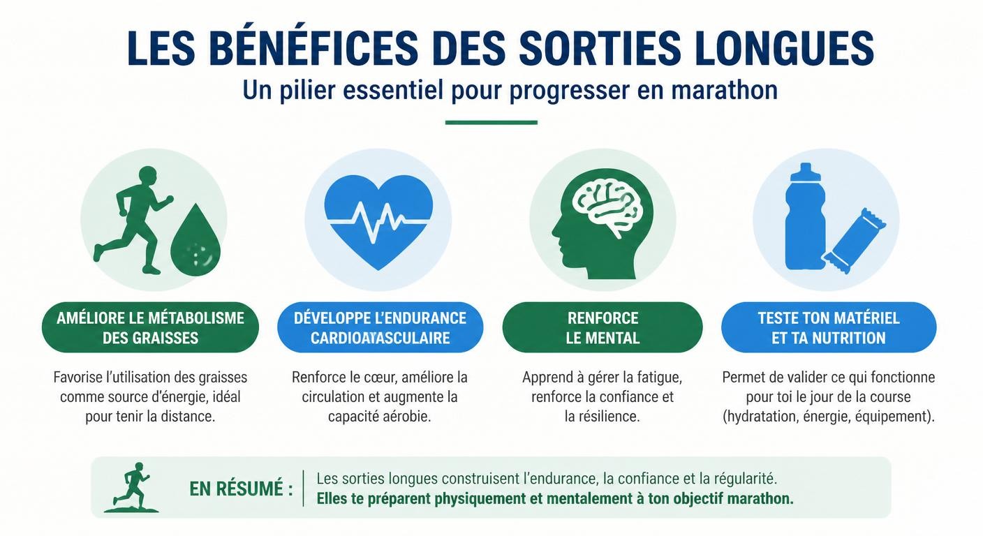 Infographie des bénéfices de la sortie longue en préparation marathon