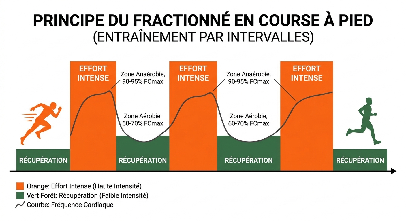 Infographie expliquant le principe du fractionné en course à pied avec alternance effort et récupération