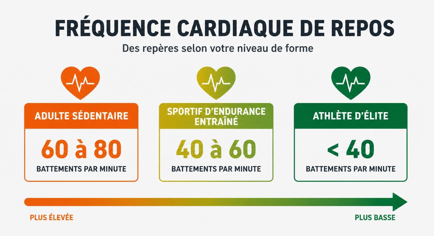 Infographie des plages de fréquence cardiaque au réveil selon le niveau de forme physique
