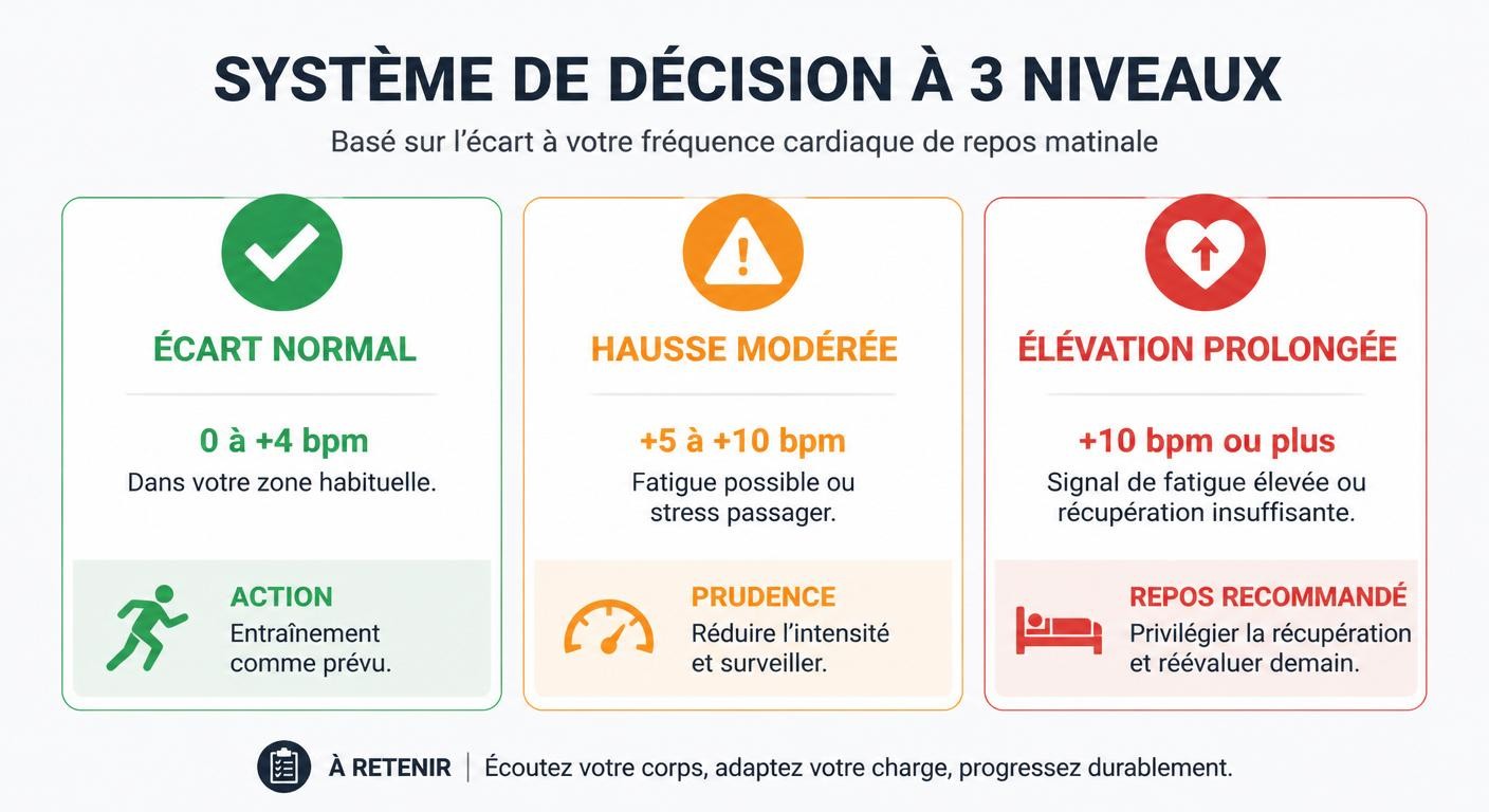 Infographie du système de décision feu vert orange rouge selon la fréquence cardiaque au réveil