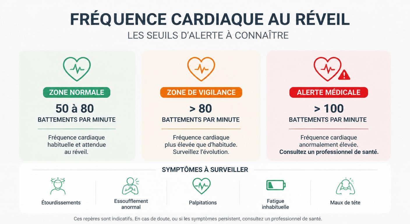 Infographie des seuils d'alerte de la fréquence cardiaque au réveil et des symptômes à surveiller