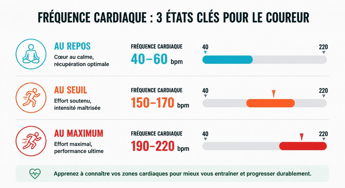 Infographie comparant fréquence cardiaque au repos, au seuil et maximale chez le coureur