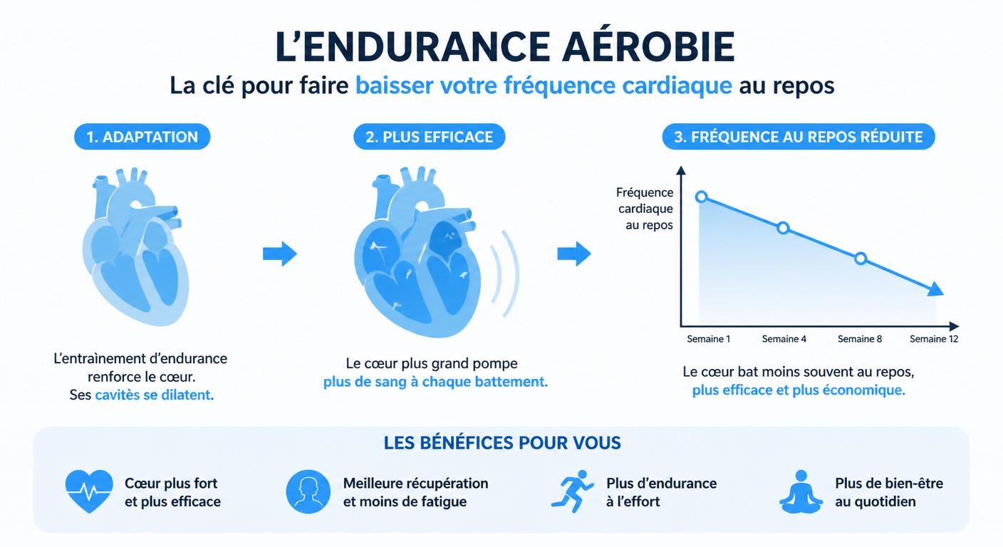 Infographie expliquant la baisse de la fréquence cardiaque au repos grâce à l'entraînement d'endurance