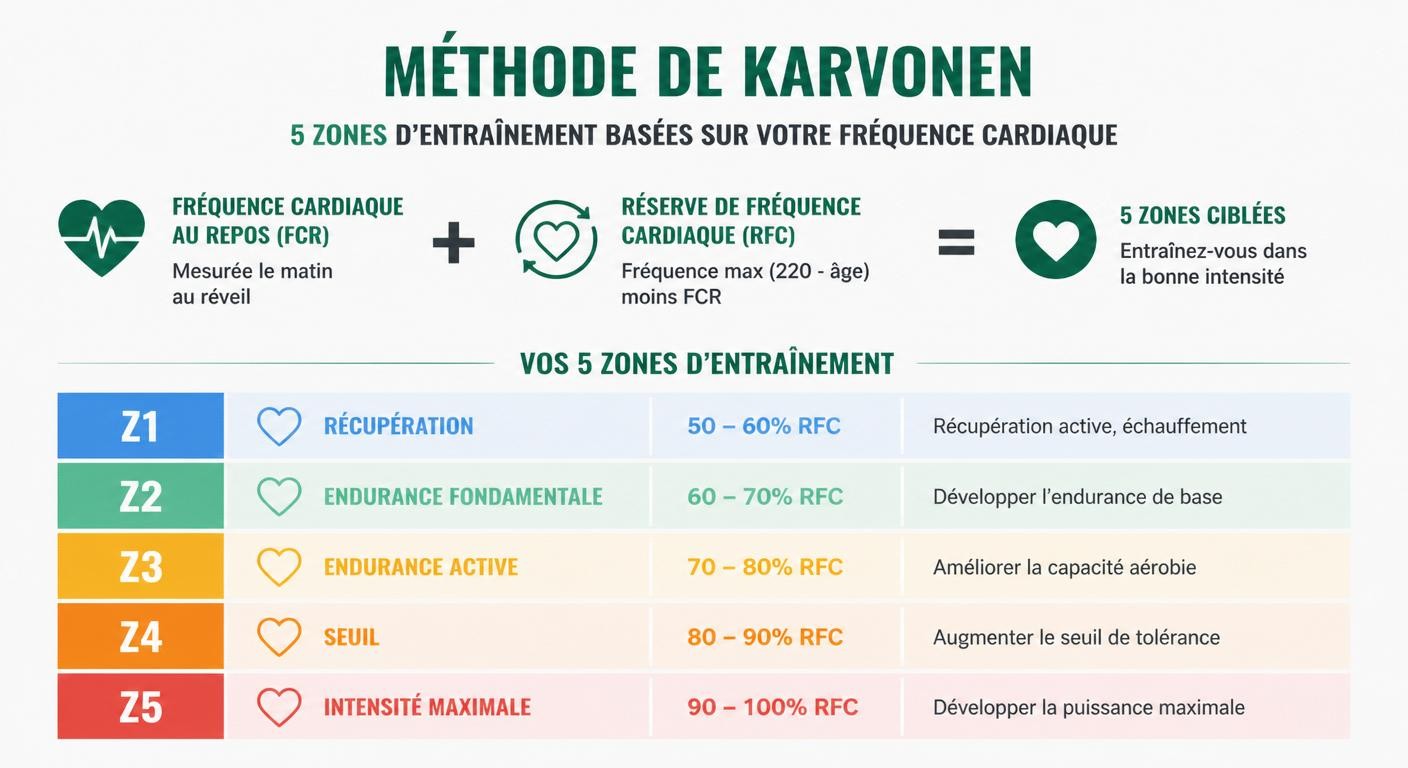 Infographie du calcul des zones d'entraînement à partir de la fréquence cardiaque au repos